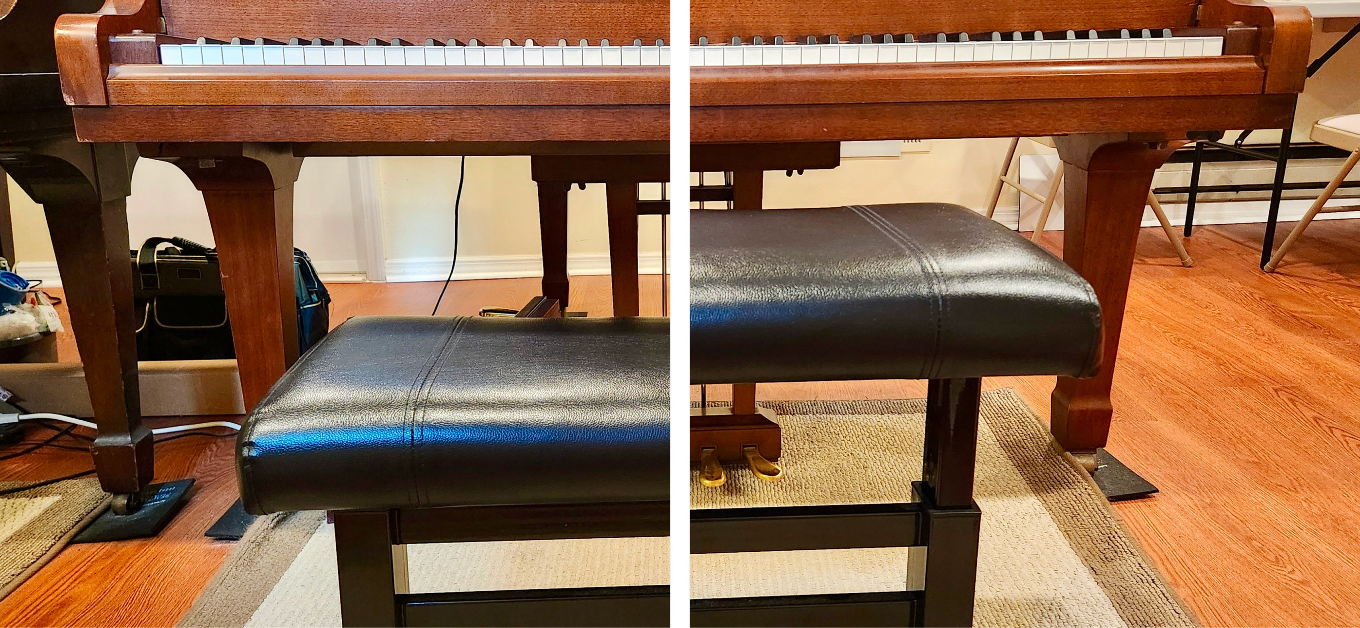 A side-by-side view of a piano bench adjusted to two different heights